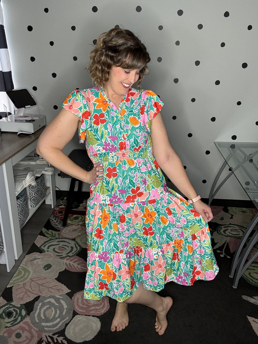Aqua Floral Midi Dress M Aqua Floral Midi Dress M