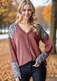 Rust Ribbed Knit & Leopard V-Neck