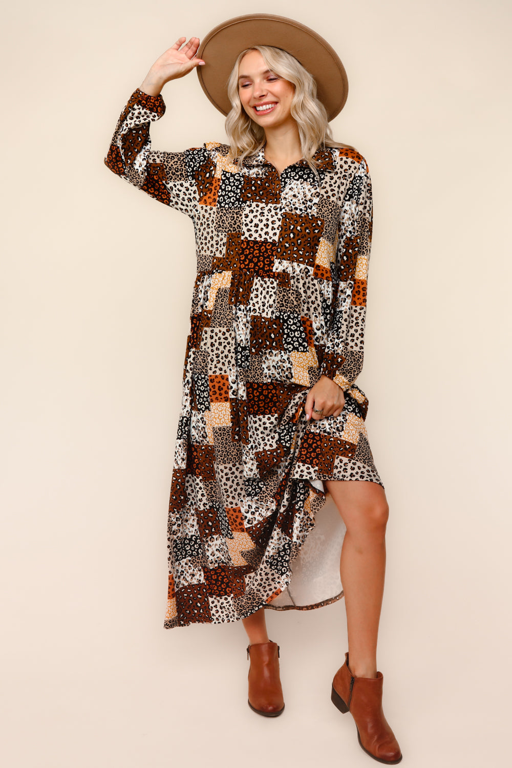 Leopard Patchwork Long Sleeve Dress 1x