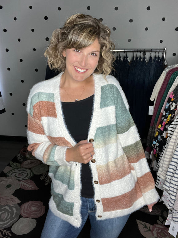 Ivory Striped Fuzzy Cardigan