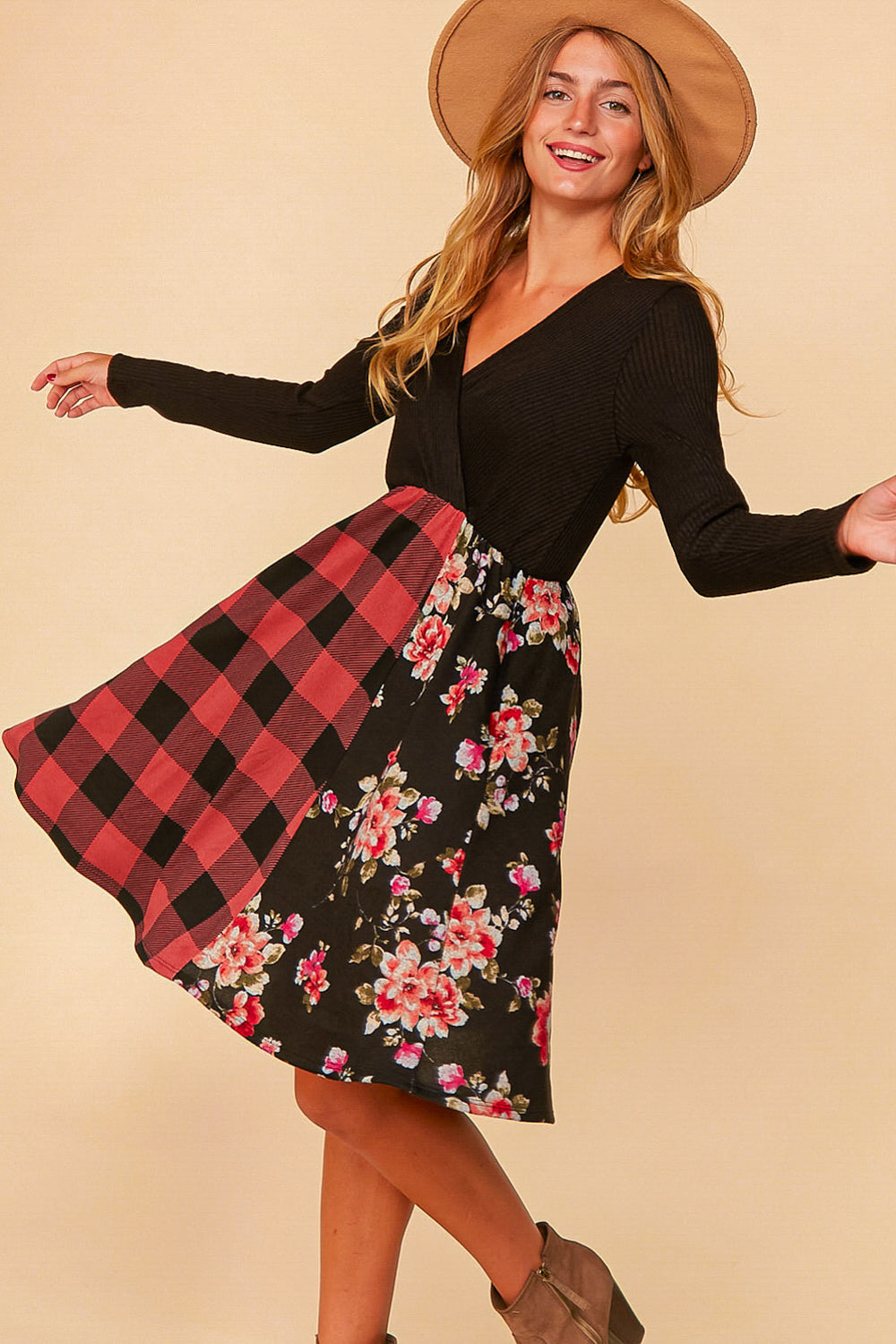 Buffalo Plaid & Floral Fit & Flare Dress 3X