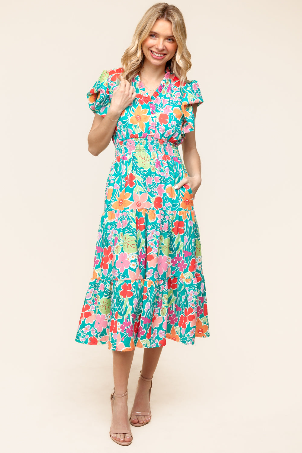 aqua floral midi dress Women's Aqua Blue Floral Print A-Line Midi Dress with Puff Sleeves