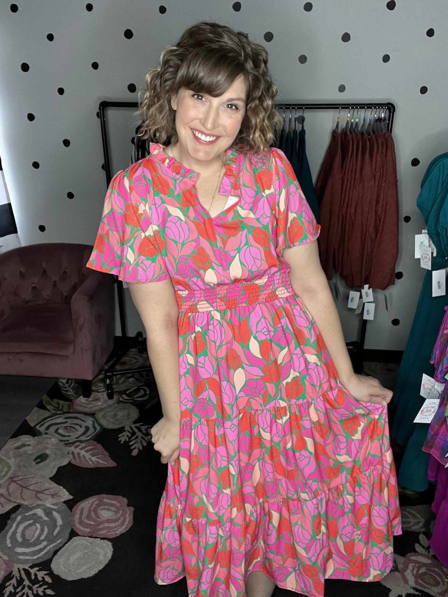 Pink Floral Smocked Waist Midi Dress Hello Gorgeous Boutique by Alyssa Pink Floral Smocked Waist Midi Dress Hello Gorgeous Boutique by Alyssa
