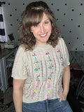 Taupe Embroidered Short Sleeve Sweater