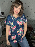 Buttery Soft Babydoll Top - Navy Floral