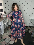 Navy Floral Mesh Midi Dress