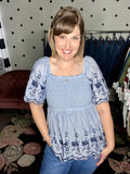 Blue & Navy Smocked Babydoll Blouse