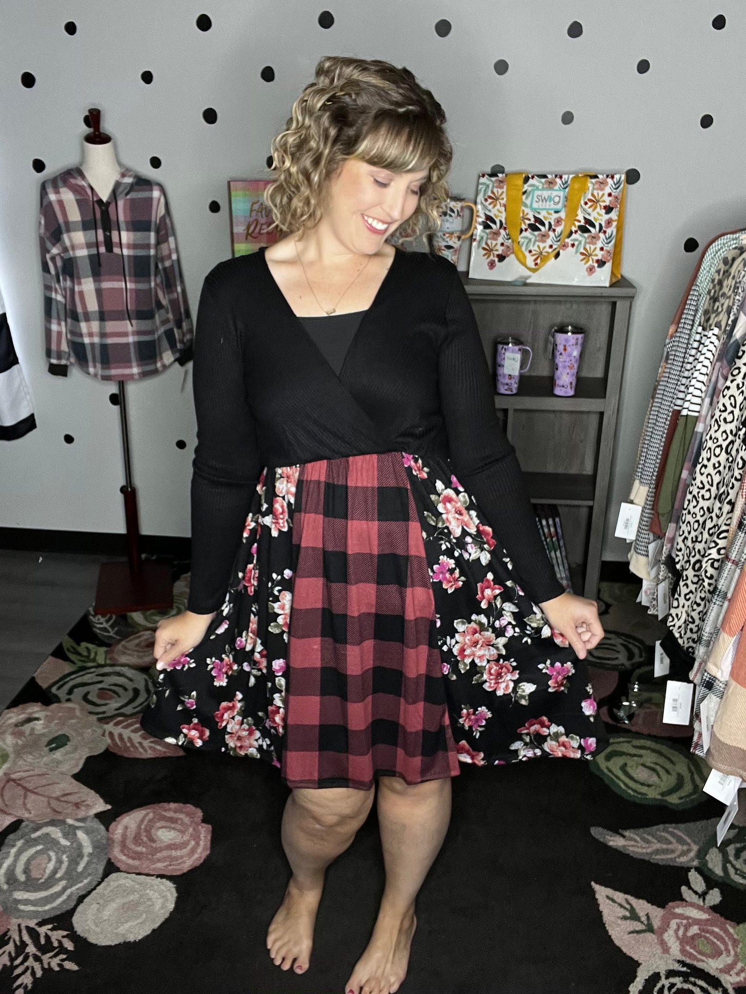 Buffalo Plaid & Floral Fit & Flare Dress Hello Gorgeous Boutique by Alyssa Buffalo Plaid & Floral Fit & Flare Dress Hello Gorgeous Boutique by Alyssa