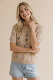 Taupe Embroidered Short Sleeve Sweater