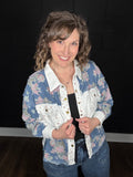 White & Floral Denim Snap Jacket