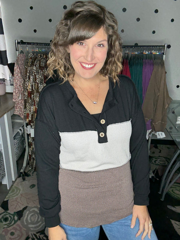 Neutral Color Blocked Ribbed Long Sleeve