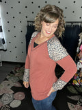 Rust Ribbed Knit & Leopard V-Neck