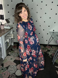 Navy Floral Mesh Midi Dress