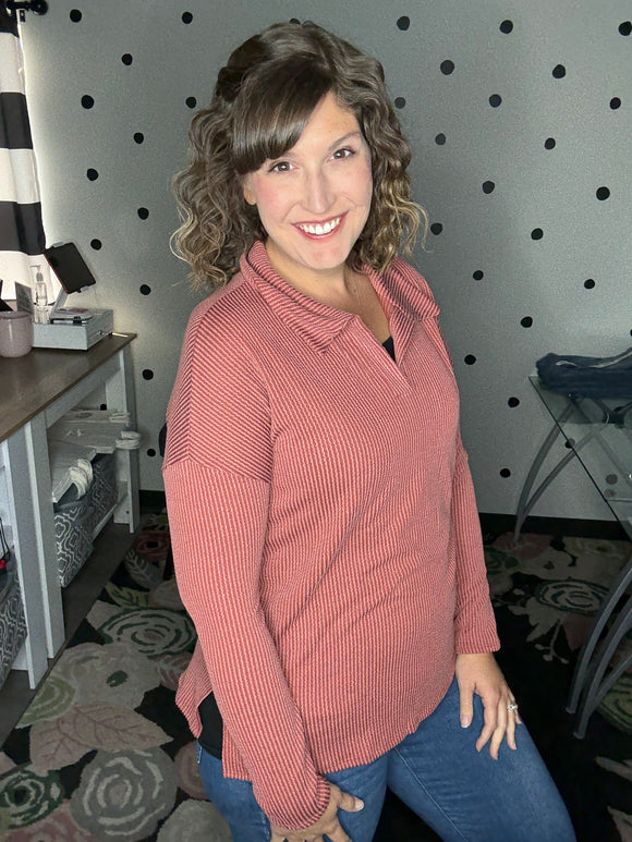 Ribbed Knit Collared Long Sleeve