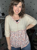 Oversized Oatmeal & Coral Floral Top