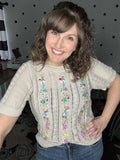 Taupe Embroidered Short Sleeve Sweater