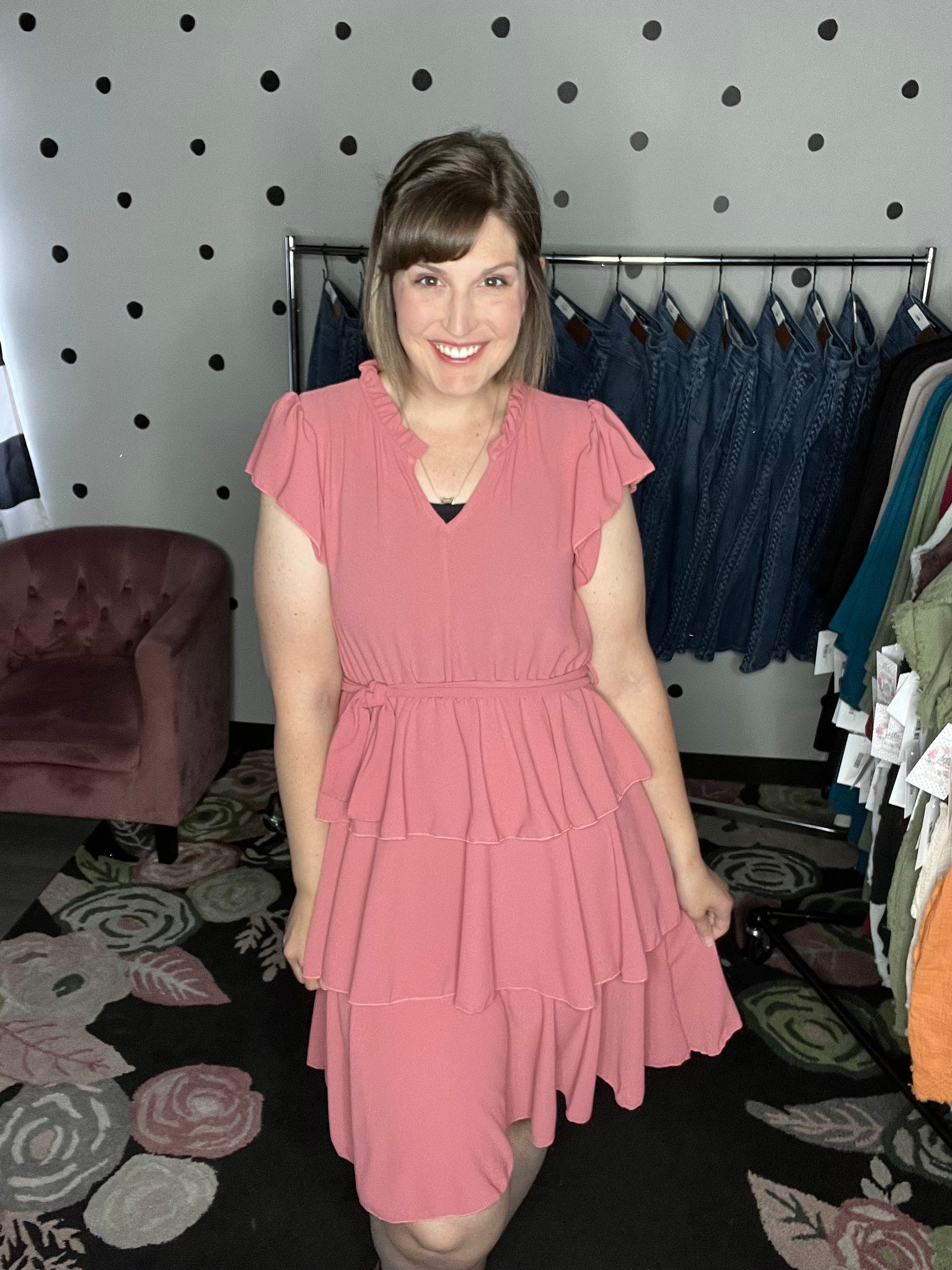 Tiered Knee Length Dress in Mauve 1X Tiered Knee Length Dress in Mauve 1X