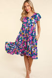 Navy Floral Flutter Sleeve V-Neck Dress