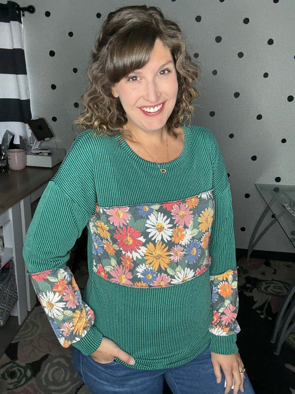 Hunter Green & Daisies Ribbed Long Sleeve