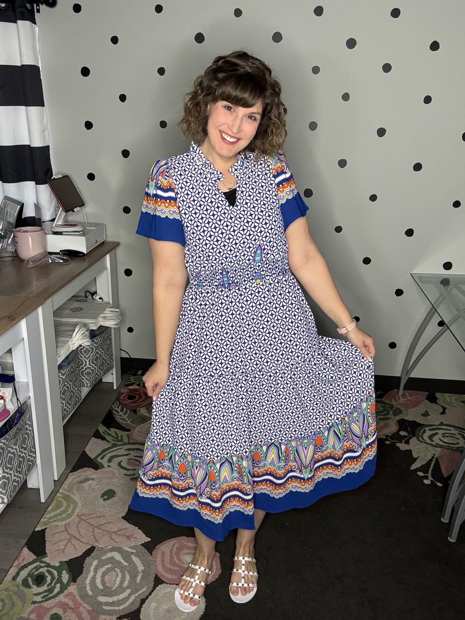 Navy Border Smocked Waist Midi Dress 1X Navy Border Smocked Waist Midi Dress 1X