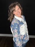 White & Floral Denim Snap Jacket