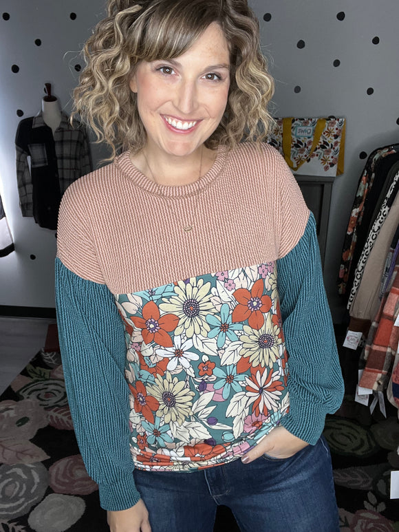 Green Tan & Floral Ribbed Sweater