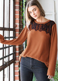 Lace Chest Waffle Knit Long Sleeve