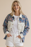 White & Floral Denim Snap Jacket