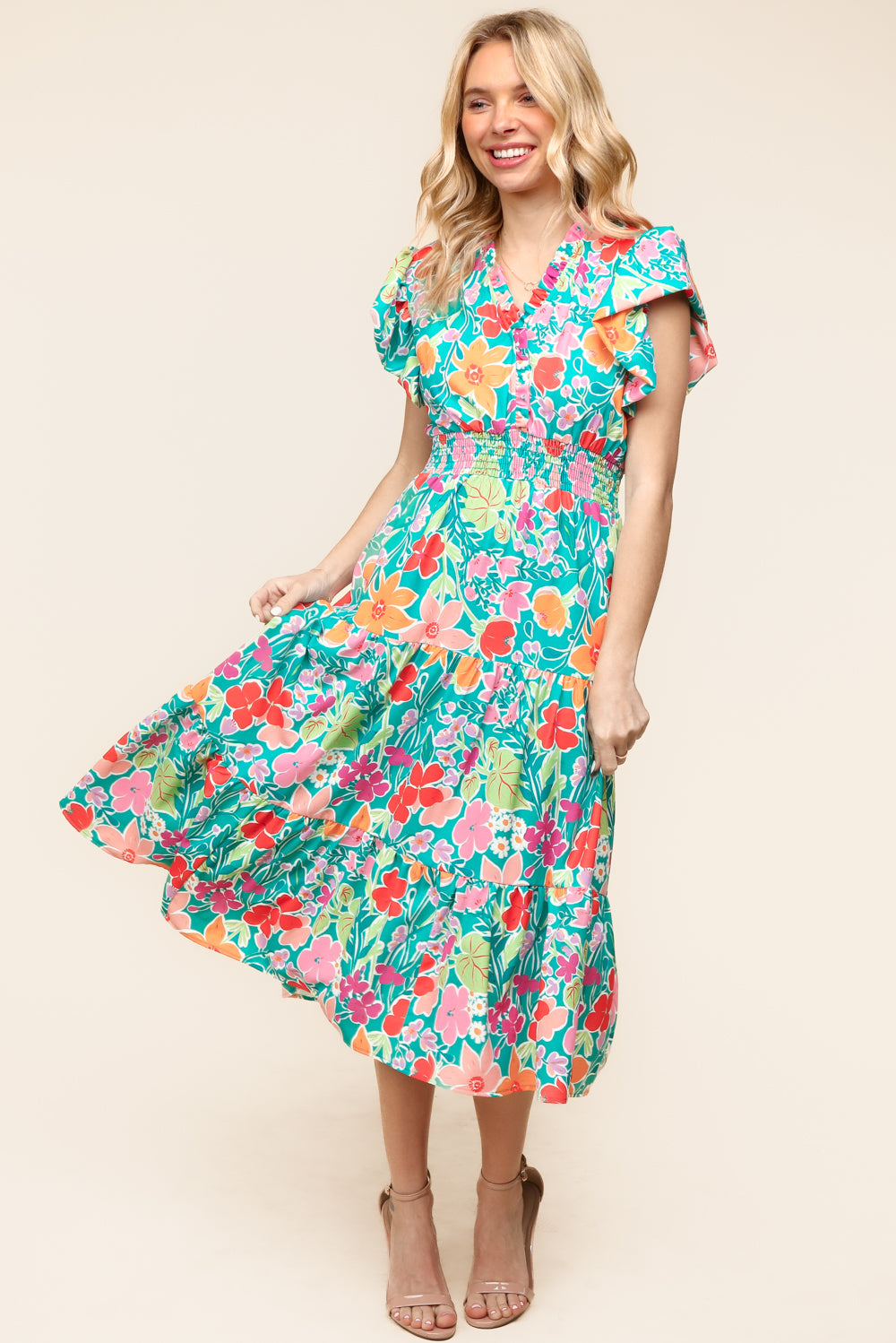 Aqua Floral Midi Dress M Aqua Floral Midi Dress M