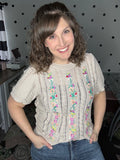 Taupe Embroidered Short Sleeve Sweater