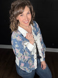 White & Floral Denim Snap Jacket
