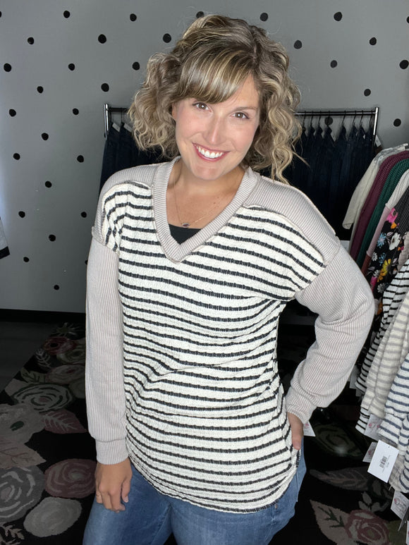 Striped V-Neck with Solid Sleeves