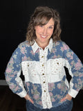 White & Floral Denim Snap Jacket