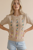 Taupe Embroidered Short Sleeve Sweater