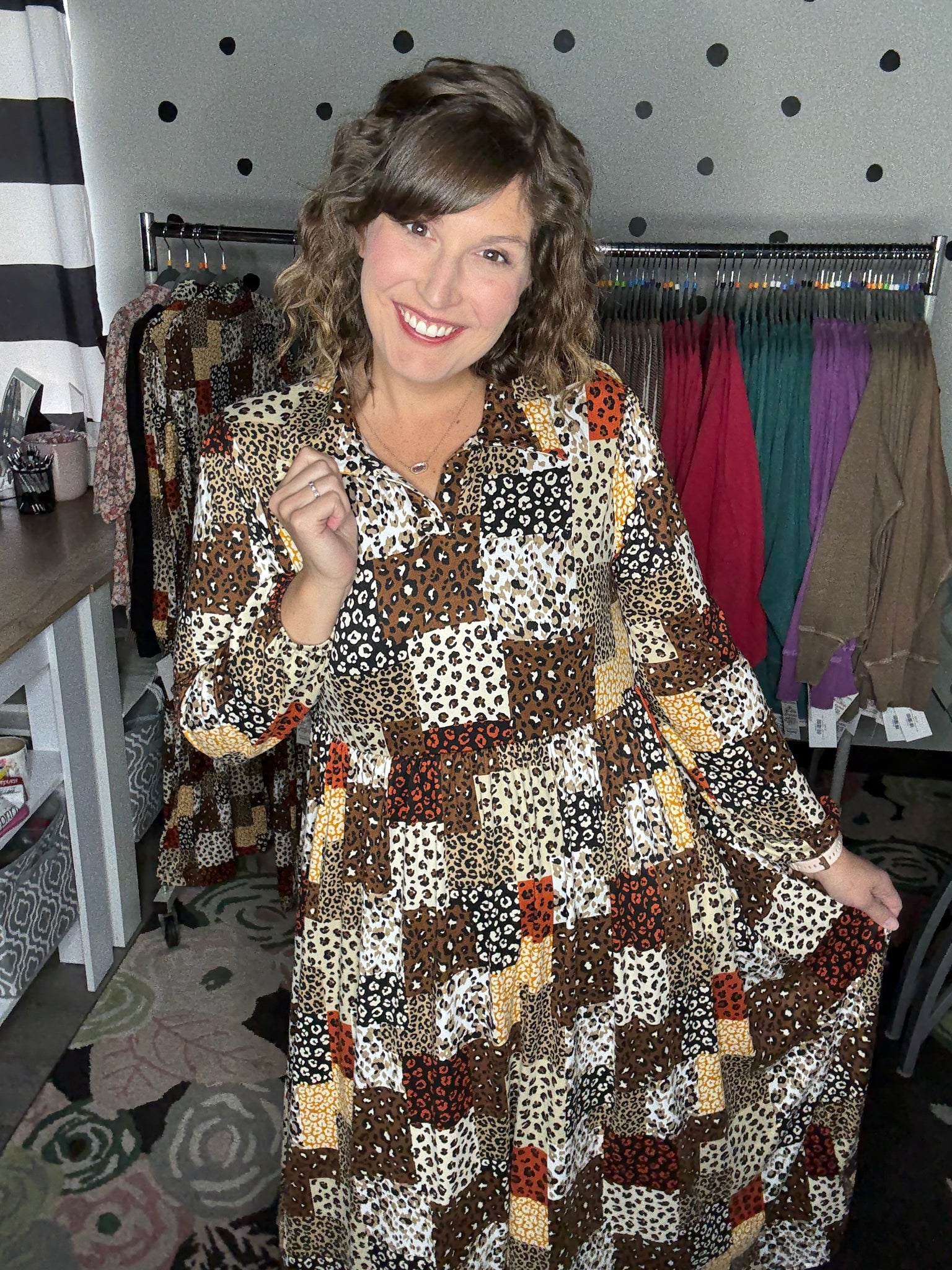 Leopard Patchwork Long Sleeve Dress 1X Leopard Patchwork Long Sleeve Dress 1X