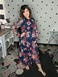 Navy Floral Mesh Midi Dress