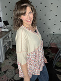 Oversized Oatmeal & Coral Floral Top
