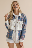 White & Floral Denim Snap Jacket