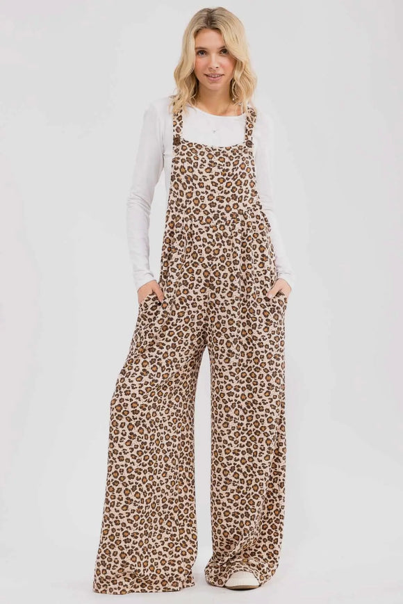 Leopard Ribbed Knit Overall Jumpsuit