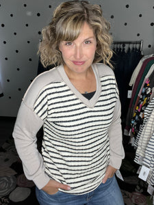 Striped V-Neck with Solid Sleeves