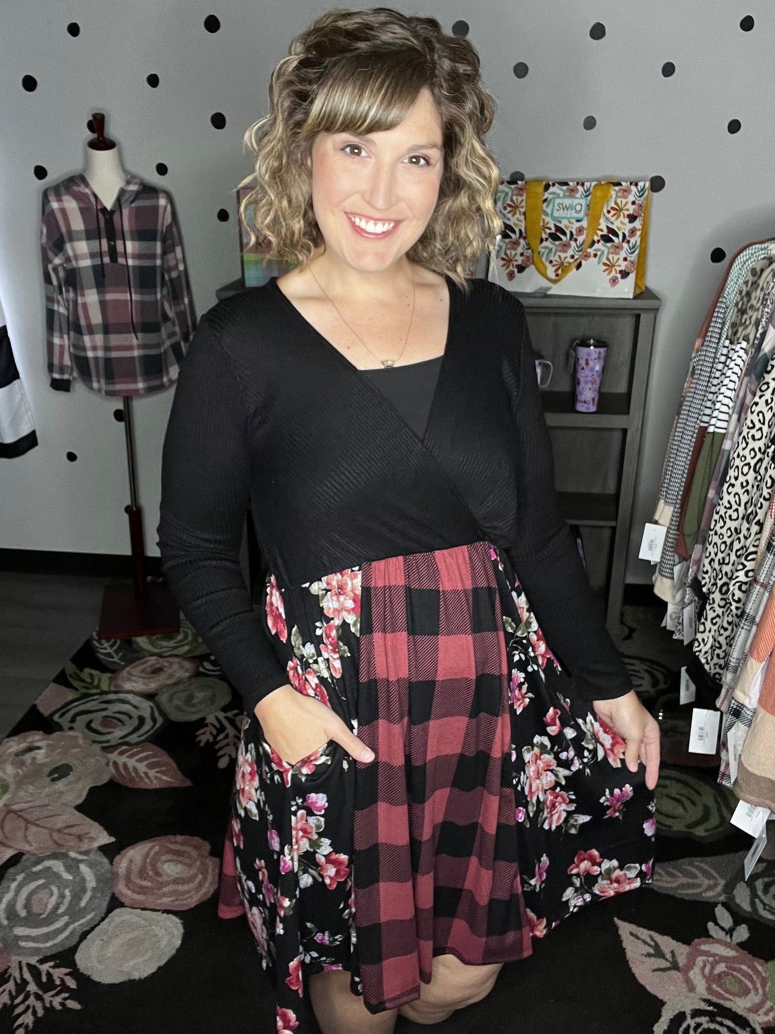 Buffalo Plaid & Floral Fit & Flare Dress Hello Gorgeous Boutique by Alyssa Buffalo Plaid & Floral Fit & Flare Dress Hello Gorgeous Boutique by Alyssa