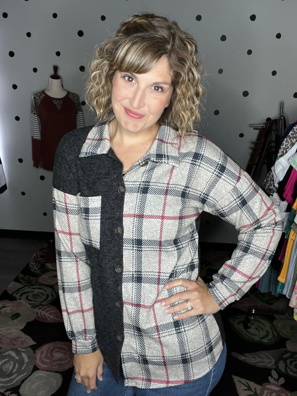 Charcoal & Taupe Plaid Button Up Shacket