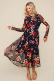 Navy Floral Mesh Midi Dress