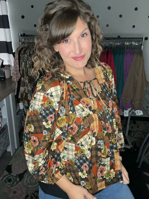 Fall Patchwork Peasant Top