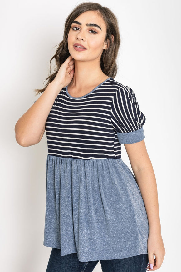 Chambray & Striped Puff Sleeve Top
