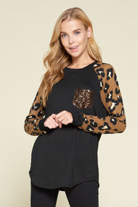 Leopard Top with Sequin Pocket