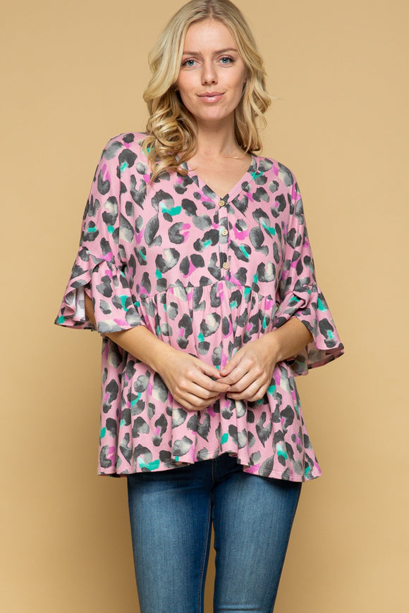 Pink Leopard V-Neck Button Down Babydoll Top