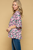 Pink Leopard V-Neck Button Down Babydoll Top