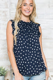 Pleated Round Neck Polka Dot Top