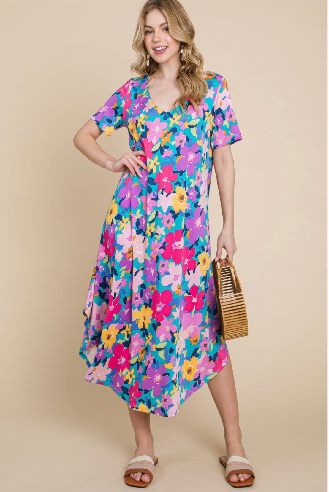 Turquoise Floral Midi Dress 2X